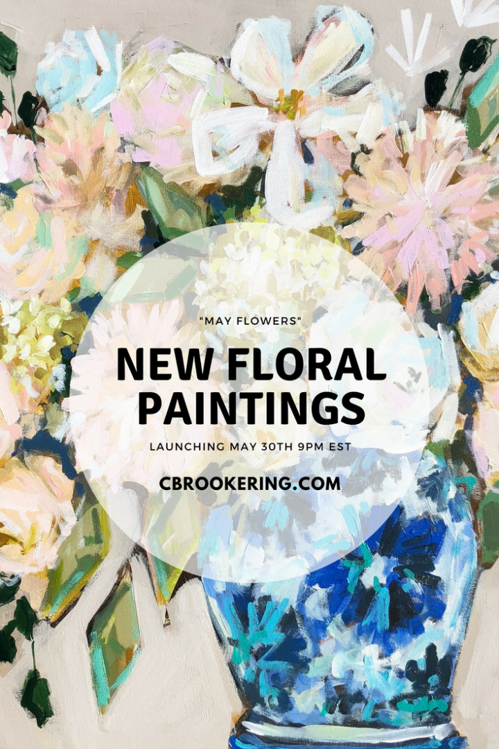 modern floral painting in blue and white ginger jar