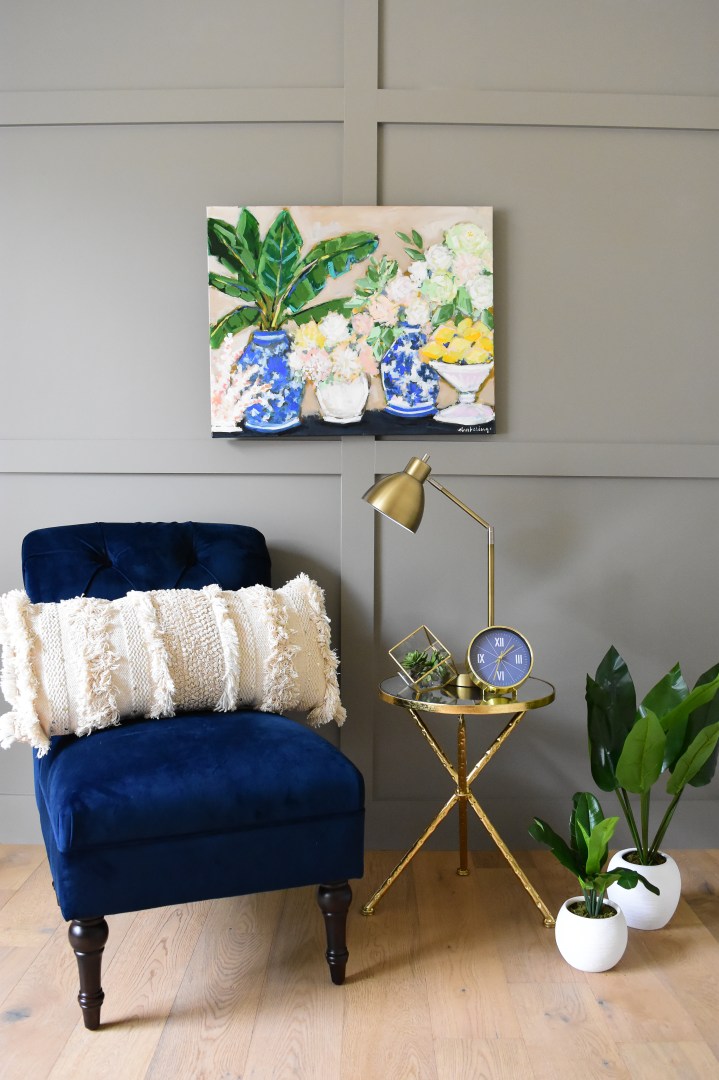 lemon and floral painting with blue and white ginger jars and palm leaves.